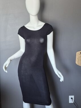 Slightly Sheer Low Back Fitted Black Midi Dress